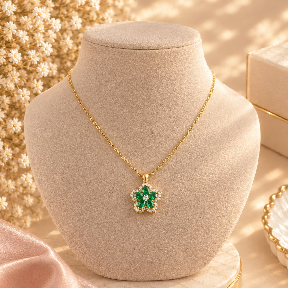 Collier Fleur vert doré en acier inoxydable